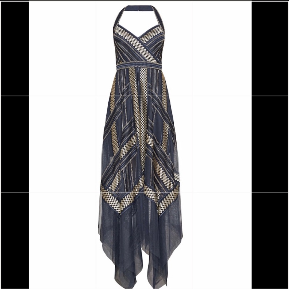 BCBG Max Azria Navy/Gold Asymmetrical Dress